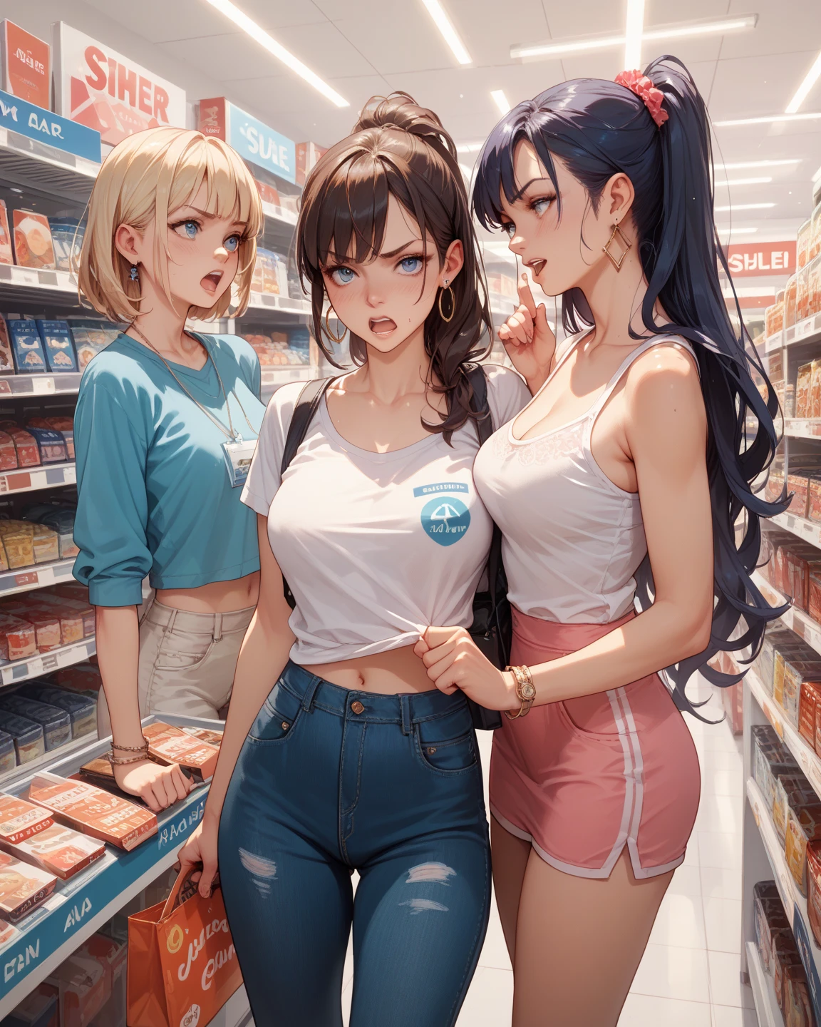 ((highest quality)), ((masterpiece)), (3 girls:1.5), Three cute girls are posing for the camera in a supermarket, (shirtを持ち上げる:1.3), (three people standing in a row), (Close-up shot from the waist up), (open your mouth and smile:1.3), ray tracing, ((topless)), (), , chest, hair band, head band, hair bobble, blouse, shirt, (high resolution face:1.5), (High definition finger 1.5), 4-yearars old, 6 y years old, ()), Pussy, Noian, Westerners, sair, brown blonde, (belly button), jewelry, looking at the viewer, necklace, long hair,rt hair, (abs),(written boundary depth),