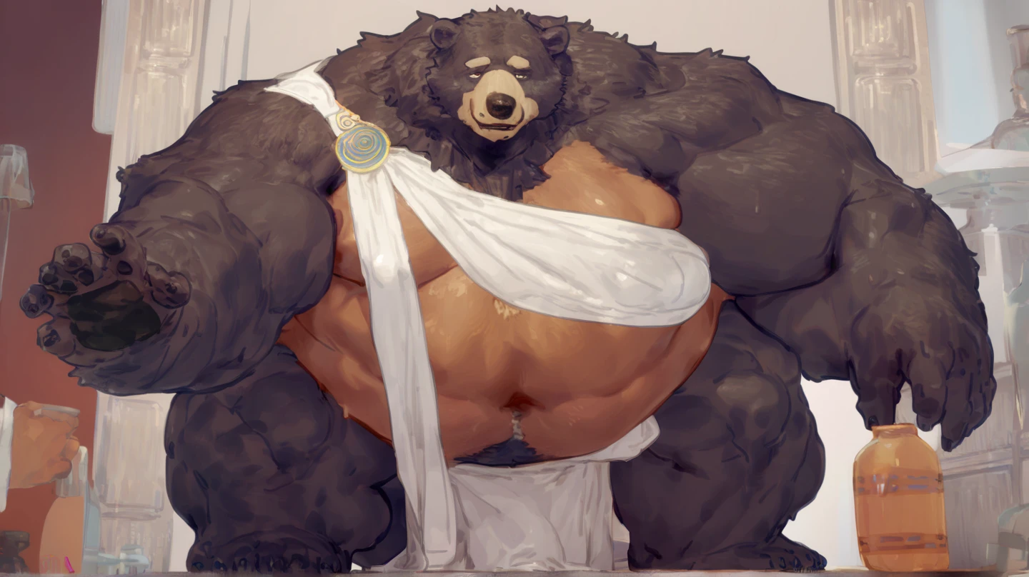 anthro, kemono, male, solo, (((green bear))), (((green fur))), green hair, red eyes, beard, white eyebrows, sexy, blush, dakimakura