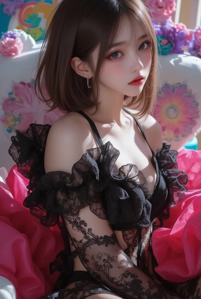 NFFSW,NFFSW,8K, Best quality, masutepiece, Highly detailed, Studio lighting, Physically-based rendering, 1girl in, Solo,
jocker. Colorful, Clown hat and flowers, Clown costume, mitts, The heart is drawn on the face, dark gold hair,(Sad), White face, Wavy hair, hair-bun,
(Upper body) full bodyesbian,