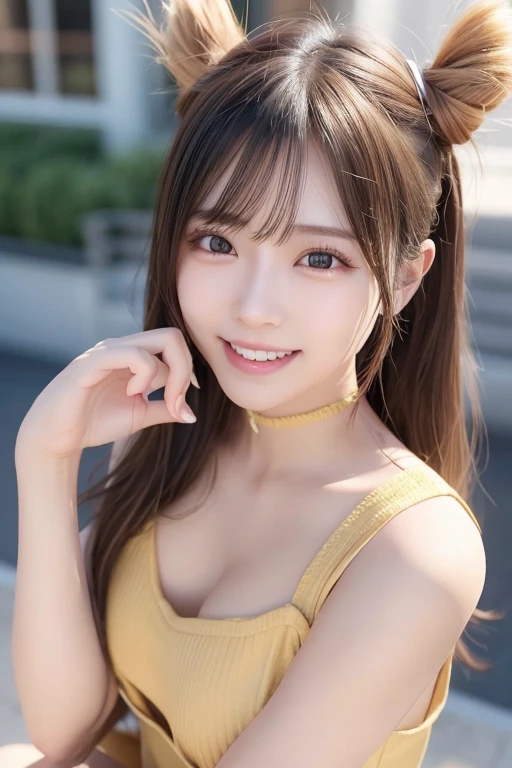 (highest quality、8K masterpiece、超A high resolution)、(Realistic:1.3)、highest qualityの柔らかな自然光, RAW Photos、Highly detailed CG,　1 girl、pale, Shine, Translucent skin:1.2、((Ultra-Realistic Details))、Portraiture、Global Illumination、Octane Rendering,　Shadow、8k、Ultra Sharp、Very intricate details、With a small face、(With a cute smile:1.3)、Beautiful Eyes、The light enters the eye:1.2、Staring at a lover、(Shiny Hair　long twin tails of brown color,,, 、Voluminous Hair:1.3、Thick Hair:1.2 ),　(Big ample breasts:1.2)、Random Color Bra、( Shrug:1.2)、Cleavage、