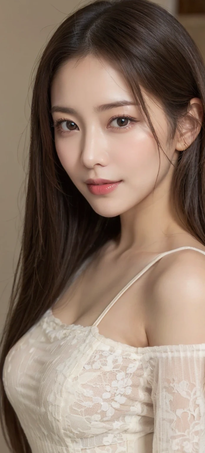 realistic photos of (1 cute Korean star) flipped hair, thin makeup, big breasts, sexy erotic tiny string of G-string lingerie, at the train station, clear facial features of Canon EOS, 16k, high resolution, sharp and realistic details, overexposure, cut-in, UHD, high res, best quality, 3/4 body, little smile, (sweating), ((long hair))