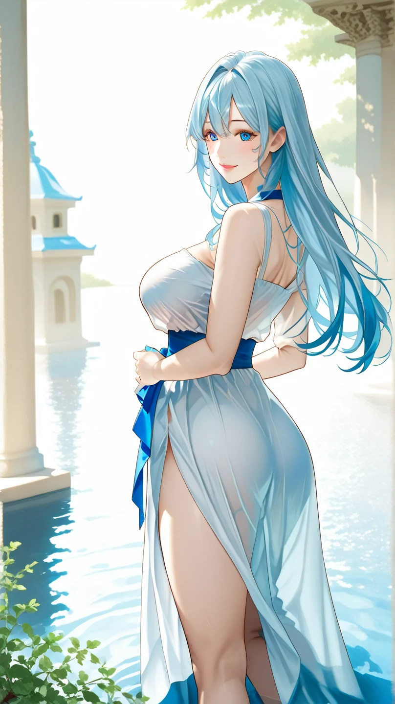 (highest quality, 8K, 32K, masterpiece, UHD: 1.3), 1 female, (Oversized: 1.3), perfect figure,, (attractive), (Sheer skin)) 、((((Transparent see-through dress))))、see-through dresses、lace sheer dress、Transparent dress、Sheer skin、Transparent dressを着た美しい裸の女性、solo、best style、big breasts、The most beautiful in the world、unparalleled beauty、long hair、 ((blue bathhouse)),、Blue lighting. concept art stunning atmosphere, blue atmosphere, beautiful concept art, dark majestic ornate great hall, Inside the blue palace、(blue water辺、blue water)、blue reflection、Cyan color、get wet in blue water、Blue light、Blue World、Expressive、sexy pose