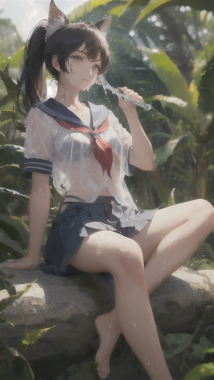最high quality、high quality、Best image quality、8k、最High resolution、High resolution、最high quality、masterpiece、RAW Photos、whole body写真、Detailed and realistic human body、Detailed and realistic skin、Realistic face in every detail、Realistic reproduction of every detail、Detailed and realistic lips、Detailed and realistic teeth、Detailed and realistic ears、Detailed and realistic hair、Detailed and realistic weapons、Realistic reproduction of every detail、Realistic fingers in every detail、((Beautiful Hands(thumb1reference4))、Realistic feet down to the last detail、Realistic breasts down to the last detail、Realistic areola down to the last detail、Realistic nipples down to the last detail、((Beautiful Japanese Girl))、(Japanese Model)、((18 year old beautiful girl))、(Black Hair)、(Straight hair)、(ponytail)、((whole body))、((Beautiful upward-facing breasts))、(Stylish slim style)、(whole body光沢肌、Fair skin)、Sailor suit(Summer use)、Sailor suit(Winter use)、Sailor Skirt、Soft natural light、Jungle with waterfall、Waterfalls of different heights、Big waterfall、Powerful waterfall、((Sit on a rock in front of the waterfall))、((背景にBig waterfallが見える))、((See-through(クロップトップSailor suit、Sailor Mini Skirt))、((Bathing in a waterfall(Soaked skin from head to toe))、((Water dripping from the skin))、((Her body lines are clearly visible through her uniform.))、((Gets wet and sticks to the skin))、((Water dripping from the uniform))