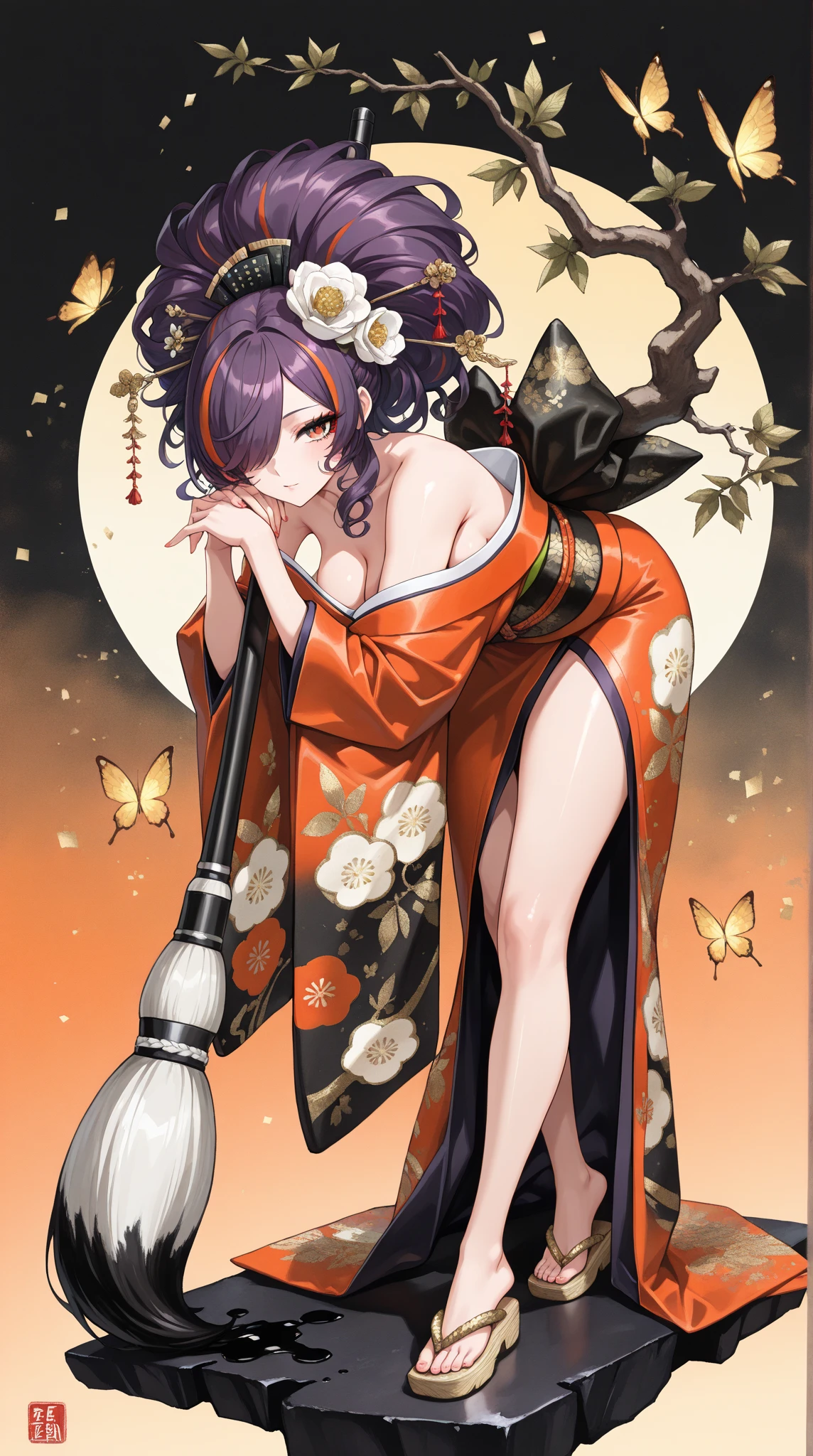 (sumi-e, masterpiece, best quality, amazing quality, hyper-detailed, absurd, very aesthetic), (hyper-detailed background, lighting), BREAK (1beautiful woman, beautiful eyes, hair over one eye, A lively expression, long eyelashes), BREAK (Beautiful purple hair\short curly hair, Shiny Hair, streaked red hair, streaked golden hair, Japanese style hairpin\, big hair flowers, beautiful skin), (A beautiful & Graceful kimono, Intricate, Absurdly beautiful, bare shoulders, decorated straw sandals, two black & orange huge goldfishes:1.1), holding giant brush, BREAK Create flexibility, BREAK A beautiful ink background, Zen Ink Wash Sumi-e, standing, bent over, dynamic pose, BREAK bonsai, butterfly, hexagon