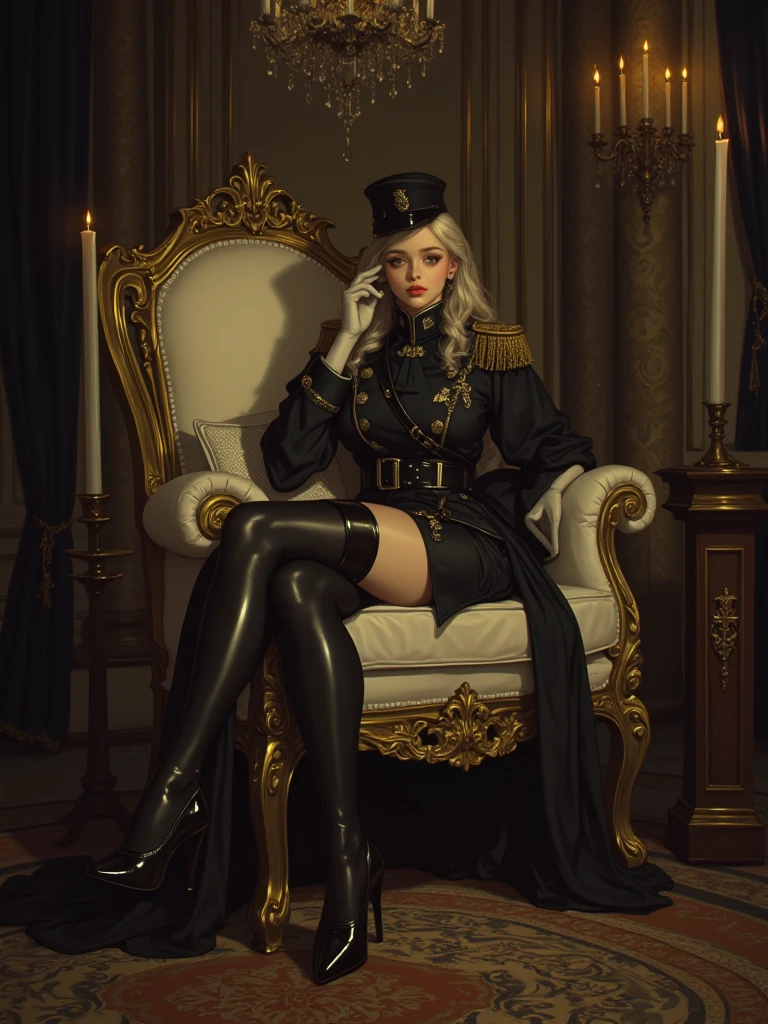 The uniform of the Second German Reich,marshal,Very many medallions,There must be a lot of ornaments on the body,luxury goods,There must be only one person in the whole picture,All high heels must be displayed in their entirety,The entire leg must be displayed in its entirety, And must wear extra-long gloves,Stockings are mandatory,High heels must be worn,It is forbidden to appear men,Must be a full-body image,anatomy correct,(realisticlying,tmasterpiece,The best quality,hyper HD,The is very detailed,cinmatic lighting),(delicated face,best qualtiy,very detailed eyes and faces,Amazing beauty