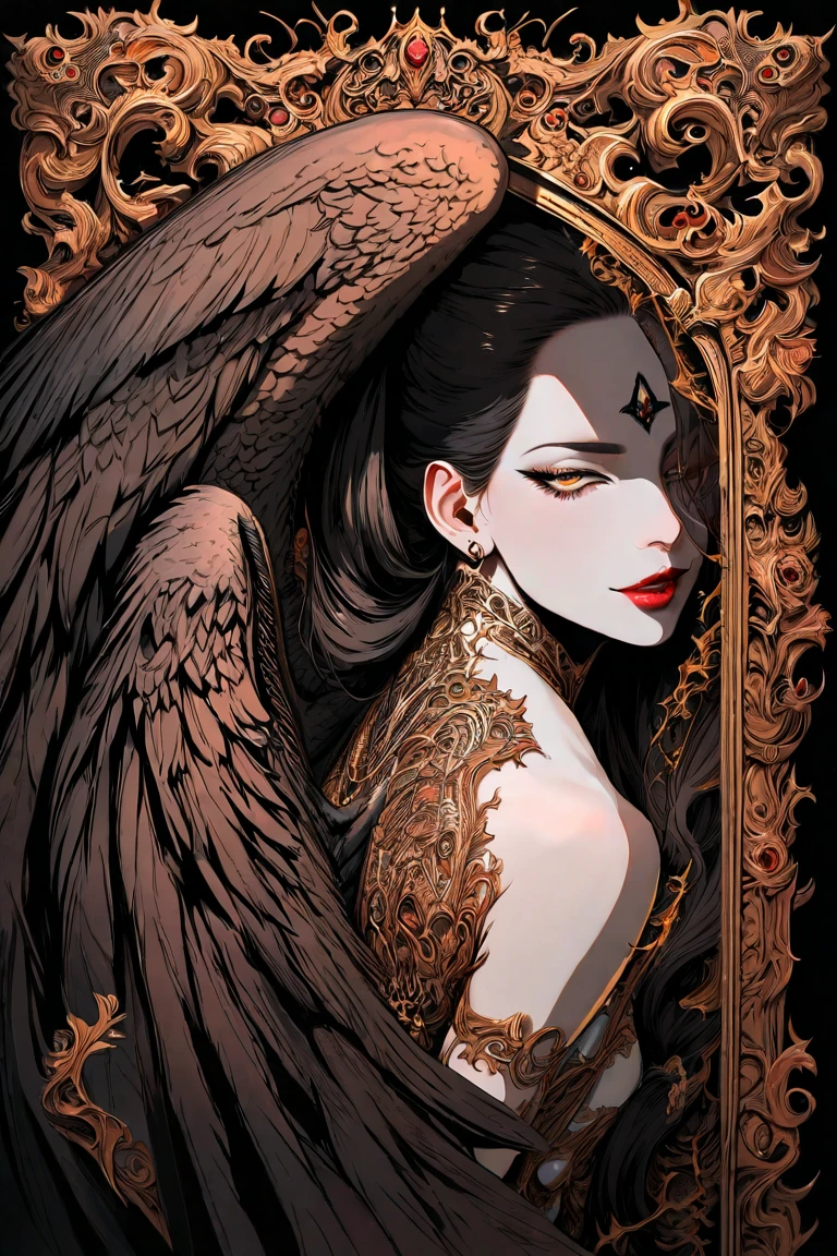 (Masterpiece), High Quality, 1woman, Vampira, Asian woman, black hair, winged eyeliner, satin dress, James Jean style, comic book art, full body portrait, (Shiny skin), (8K Wallpaper, High resolution), Detailed Anatomy, Comic book lighting, Inked shading, Highly detailed faces, Expressive eyes with intricate details, (Winged eyeliner accentuating the eyes), Sculpted cheekbones, Red lips, Winged collar on the dress, Intricate details on the dress, (Depth of field), (Dynamic lighting), (High quality shadows), (Satin material highlighting her curves), (High