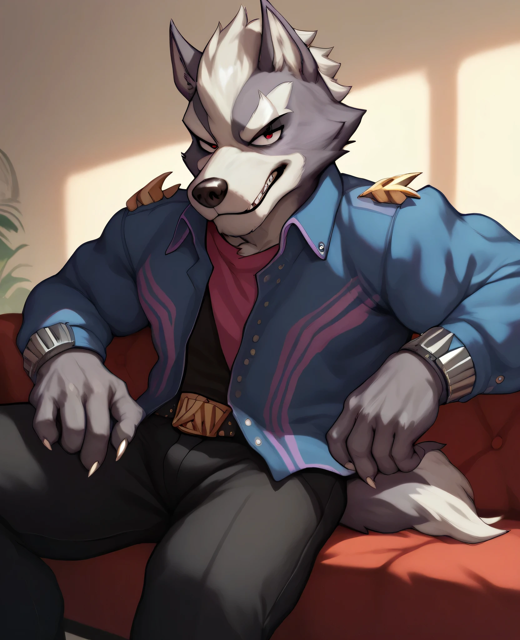 Anthropomorphic, Wolf O'Donnell, has a big fat old belly, sitting on the old sofa, grinning mercifully, NSFW.