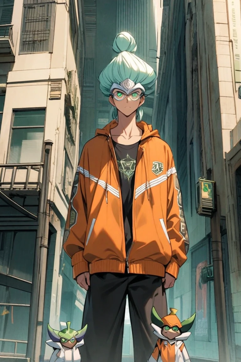 <lora:WITCH-BlipTest2:0.7> (white hair:1.3), absurdres, ultra detailed, masterpiece, best quality, aesthetic, detailed,, solo, 1boy, teal eyes, <lora:Tsurime3:1>, (tsurime:1.2), parted bangs, white hair, medium hair, straight hair, shoulder-length hair, male focus,, coat, shirt, pants, studded belt, multiple belts, combat boots, torn clothes, necklace, black coat, black and green theme,