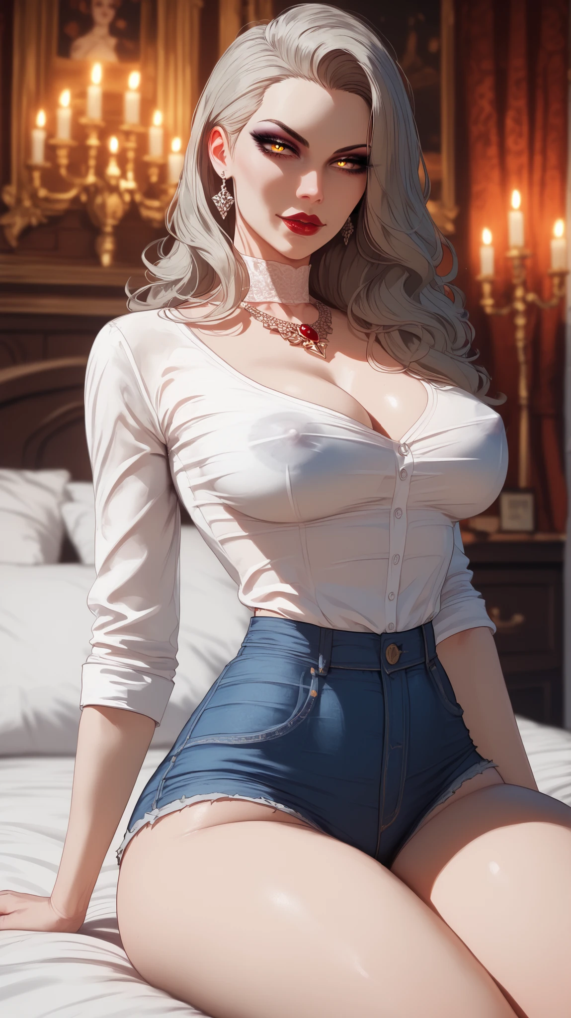 milf, 1girl, huge breasts, large breasts, curvilinear waist, curvy female, sweater shirt, high-wasted jeans pants, ripped pants, grey pants, with your hands in your pockets, loving countenncace, loving female, loving girl, cute smile, stunning female, gorgeous female, gorgeous girl, stunning girl, short hair, abs, pale skinned female, blue eyes, masterpiece, highres, amazing lightness, thick thighs, thick legs, voluptuous body, unbuttoned pants, at the morning, Stretching sitting up in bed, Sunlight through the bedroom window, Flower print curtains, acoustic guitar in background, silver hair