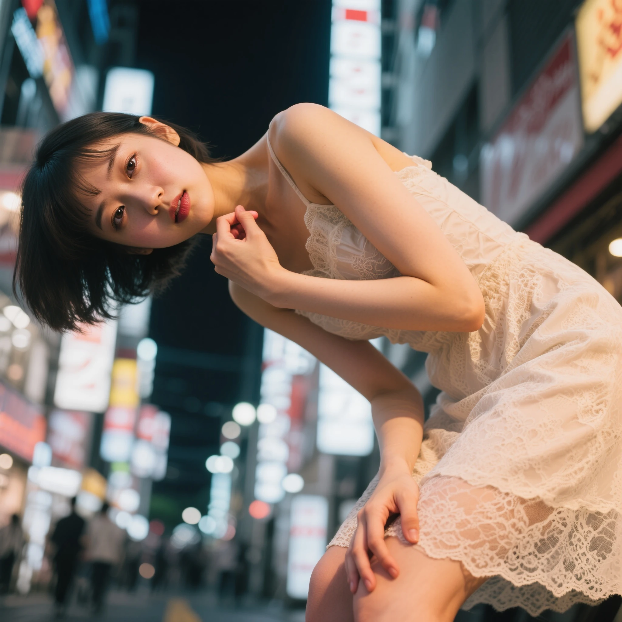 1girl, Tokyo street, night, cityscape, city lights, upper body, 8k, RAW photo, best quality, masterpiece, realistic, photo-realistic, wearing sexy sheer white lingeries, white high heels, upper body,