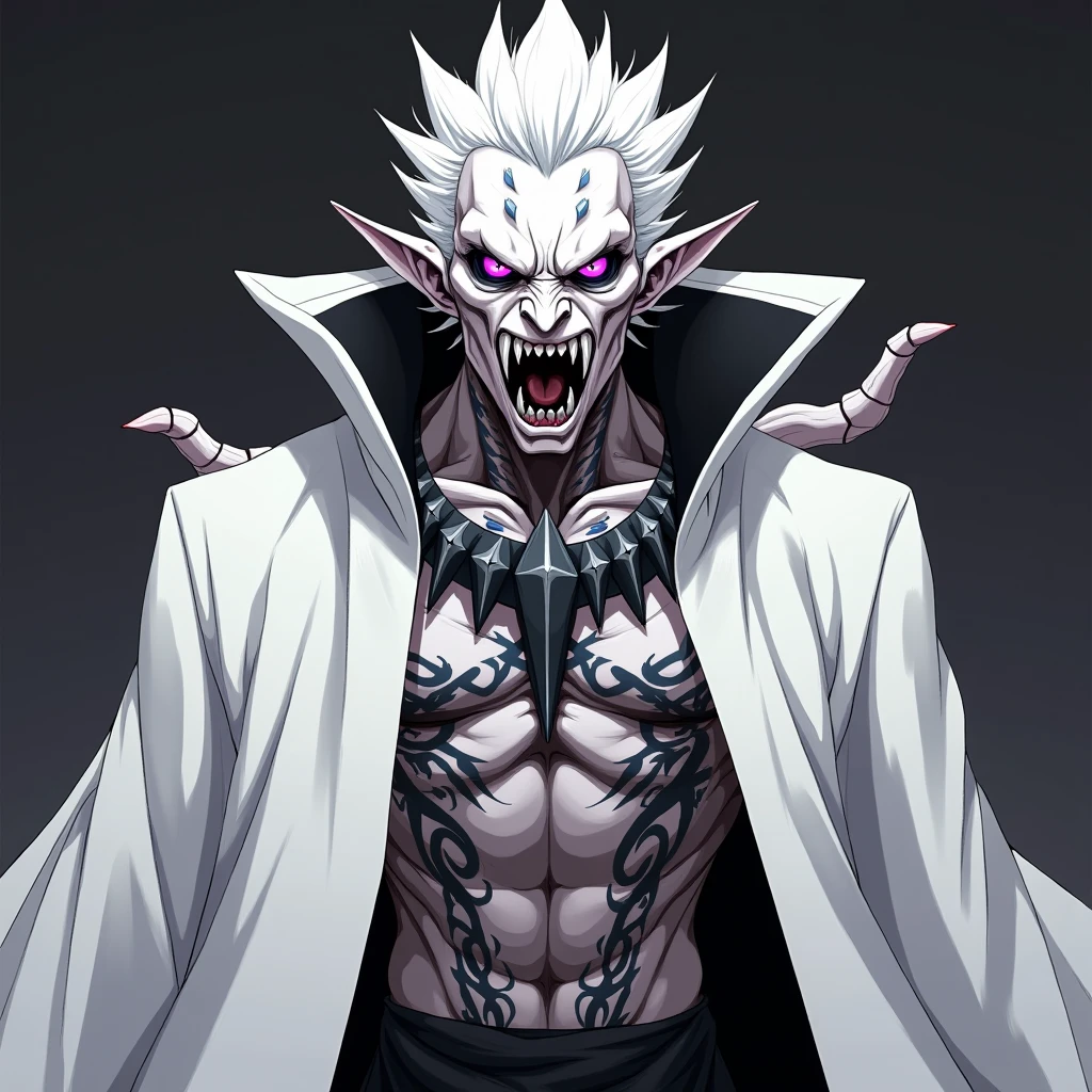 Make this image, Este personaje tiene una apariencia demonic e imponente. His skin is a pale white shade, contrasting strongly with the dark elements of his design. His face is elongated and fierce, with inhuman features, including a prominent and wrinkled nose, bright purple eyes with an intense and evil look, and a large mouth with sharp fangs that reinforce its monstrous appearance.  From the face of fall tufts of fall Long white hair that frame the face, giving it an even more supernatural air. On his neck and chest a pattern of tattoos or black marks, that are intertwined with a metallic necklace with sharp peaks, adding an aggressive and tribal style. On his forehead and face you can see marked lines, such as scars or marks natural skin.  In general, the character exudes a feeling of dark power, contained violence and mystery, as if he were a powerful villain or an ancient creature. has a The garment is a long and wide layer of white, designed to reach almost the ankles. He has a high collar design, very stiff and raised, that covers a large part of the neck and part of the face when fully closed, giving it a mysterious and protective air. The inside of the layer is deep black, offering a striking contrast when the inner edge is visible. do it in square format

The sleeves are wide and loose, allowing great freedom of movement, , suggesting that it was designed for both comfort and functionality in combat. The layer opens from the center down, showing part of the wearer's inner clothing.

In general, this garment gives an impression of authority, stealth and solemnity. Its sober and functional design makes it suitable for a character who wants to maintain an intimidating profile, serious and reserved. Art Style:
Dark anime aesthetic/demonic: The character has features that evoke villains or creatures above