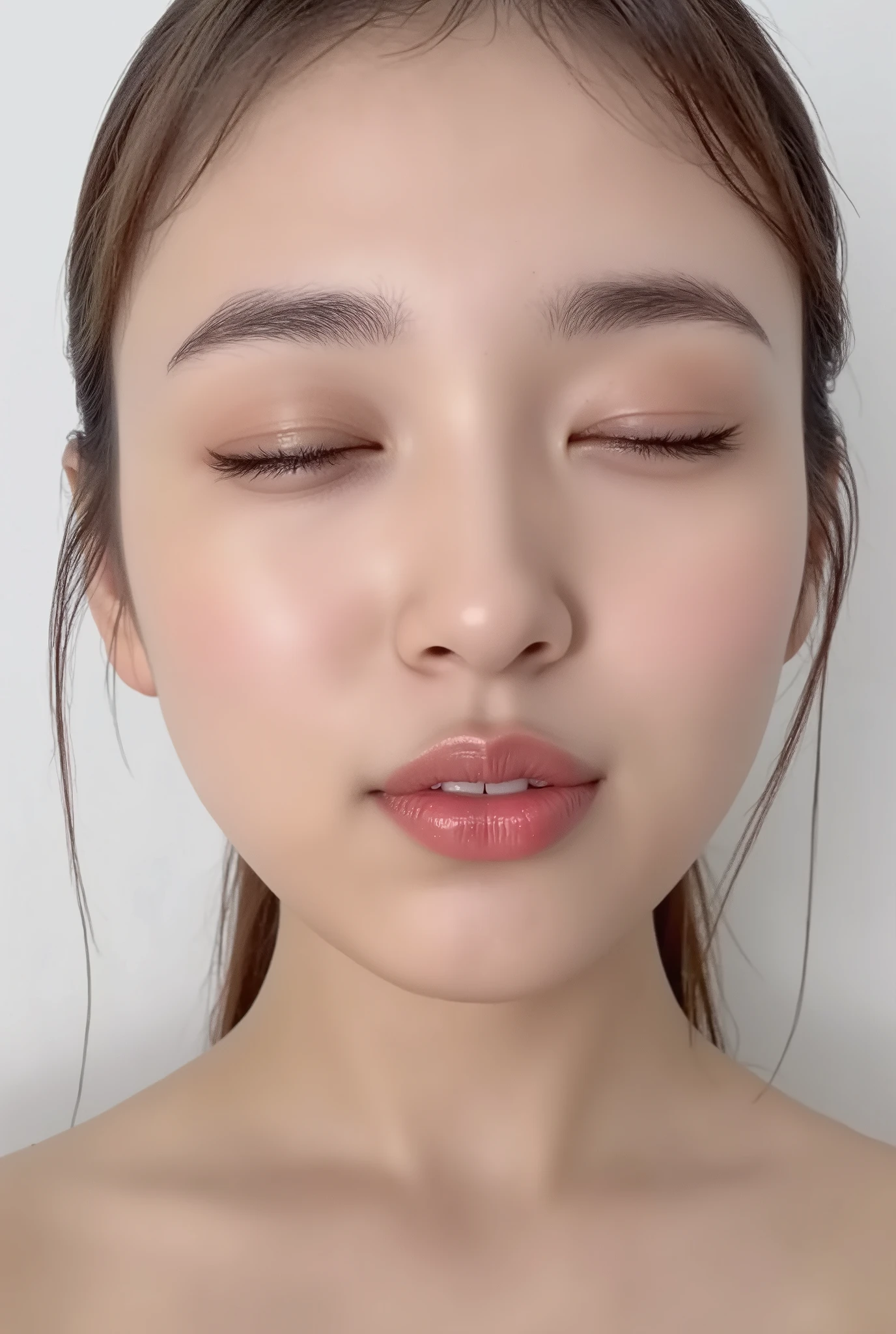 ultra-detailed close-up of a beautiful girl, collarbone-up composition, white studio background, soft natural lighting, slightly elevated camera angle (around 35 degrees), full face and head visible in frame, chin slightly raised, eyes gently closed, deeply affectionate smile, cheeks and ears flushed, dreamy, blissful, euphoric expression, mouth puckered and protruding with a rounded kiss shape, glossy moist lips with shimmering highlights, soft lips reflecting light, extreme focus on lips, inviting kiss pose, longing expression, desperate affection, dere-dere mood, hands behind her back and not visible, natural skin texture with visible peach fuzz, matte facial skin, black camisole strap visible, soft head tilt, bokeh background and soft facial contour blur to emphasize lips, overflowing with affection and dazed joy
