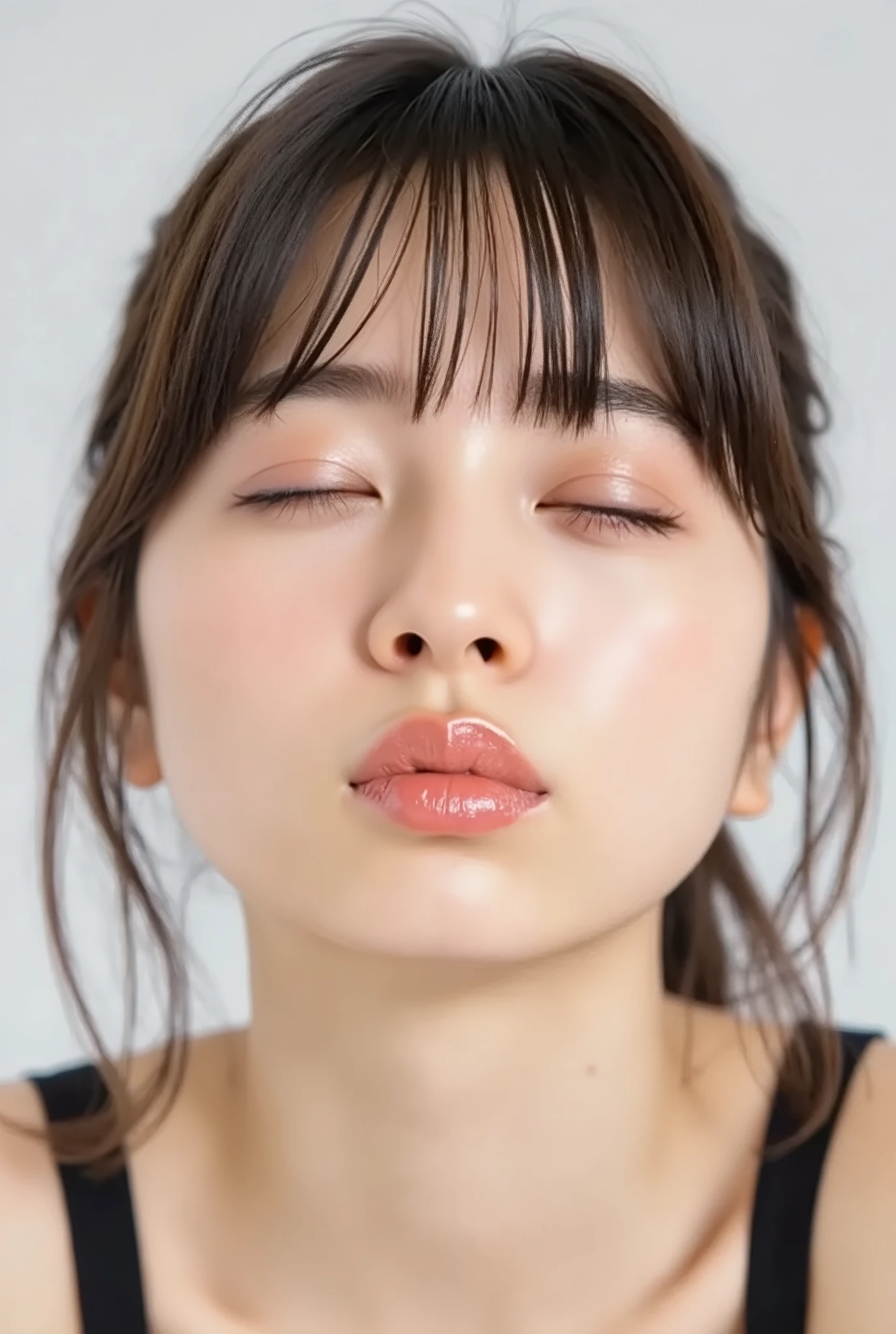 ultra-detailed close-up of a beautiful girl, collarbone-up composition, white studio background, soft natural lighting, slightly elevated camera angle (around 35 degrees), full face and head visible in frame, chin slightly raised, eyes gently closed, deeply affectionate smile, cheeks and ears flushed, dreamy, blissful, euphoric expression, mouth puckered and protruding with a rounded kiss shape, glossy moist lips with shimmering highlights, soft lips reflecting light, extreme focus on lips, inviting kiss pose, longing expression, desperate affection, dere-dere mood, hands behind her back and not visible, natural skin texture with visible peach fuzz, matte facial skin, black camisole strap visible, soft head tilt, bokeh background and soft facial contour blur to emphasize lips, overflowing with affection and dazed joy