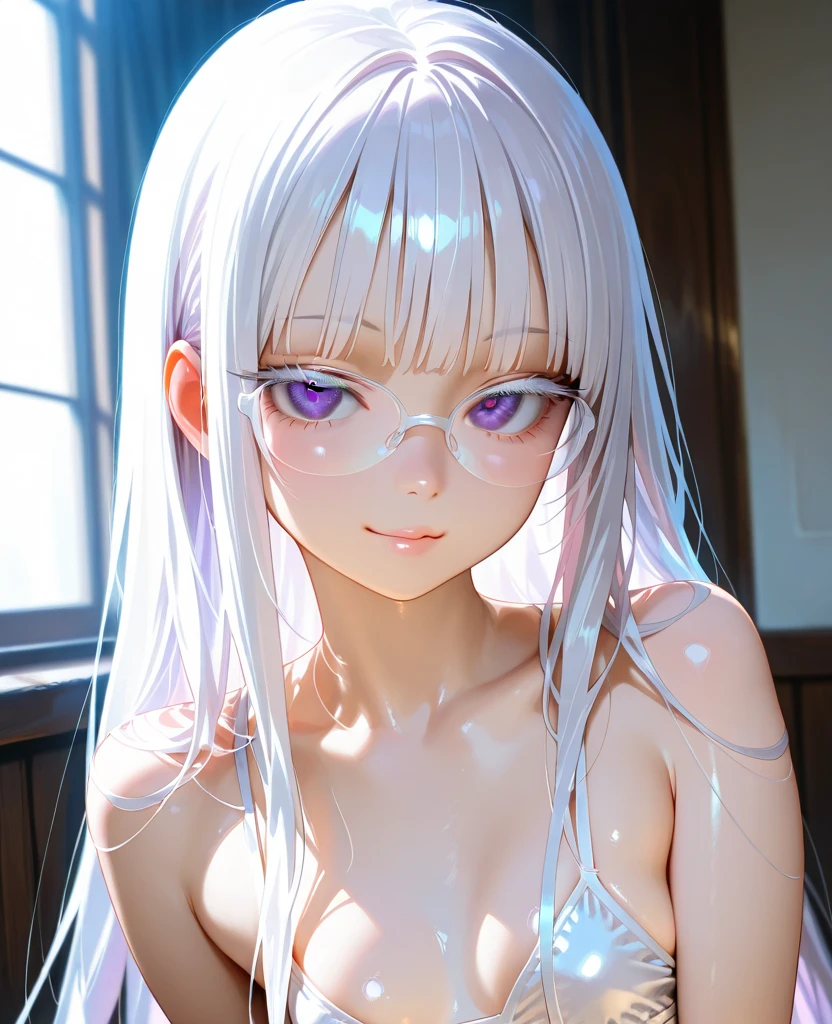 Transparent hair、hime-cut、Golden Eyes、eye glasses、ssmile、early teenage girls、flat chest、Thin pubic hair、Beautiful open legs、bath towels