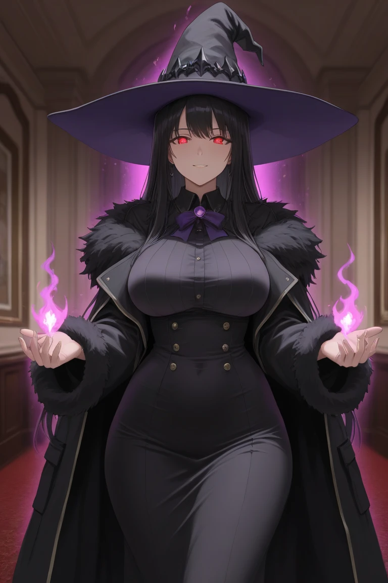 A woman wearing a black witch's outfit, long black hair, red eyes, a witch's hat, smiling, holding a magic wand with ruby, in a fantasy setting, big breasts.