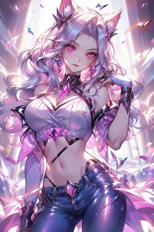((Masterpiece)), best quality, absurderes, ultra detailed, holographic, cowboy shot, demon girl, mature girl, super beautiful asian girl with very beautiful violet glowing eyes, beautiful glowing white multicolored hair, high ponytail,, super beautiful and stunning luminous devil, nice and sexy body, slim body, perfect body, wearing a black mini dress, super tight dress, translucid dress, playing in a funny hell, flirting with viewer