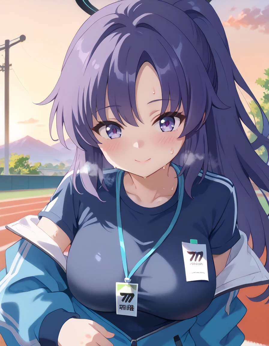 purple hair,purple eyes, long hair, looking at viewer, solo,forehead,masterpiece, best quality, photorealistic, yujiasuit, yoga sports bra, yoga pants, 1girl, solo, , yoga ball, pants, looking at viewer, smile, green sports bra, simple background, , midriff, long hair, breasts, green pants, sportswear, tank top, upper body,