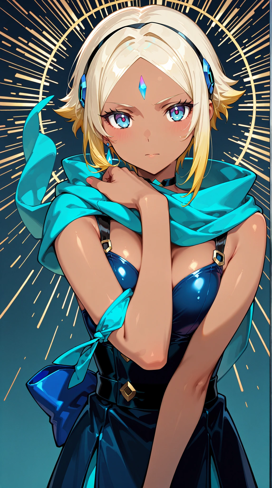 young girl, short blonde hair, turquoise eyes, smirk, Suit with white fork, Gold Elements, open shoulders, Masterpiece, hiquality, 4k, HD, Good detail