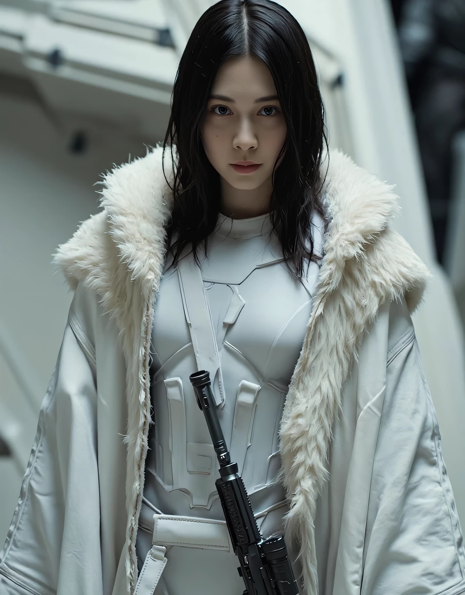 (((Inside a pure white, inorganic spaceship:2.0))),(((DUNE style sci-fi atmosphere:2.0))),(((Holding a pure white assault rifle:2.0))),standing figure,((Full Body:2.0)),one woman,(cute face),(Beautiful well-balanced face ),(wavy black hair:1.5),(Beautiful Eyes:1.3),glamorous shot of a 20-year-old Japanese woman,beautiful slender body,((Model Body:2.0)),((slim body:1.7)),perfect body line,Ideal proportions,((Big breasts:2.0)),((スリーサイズ90-58-86:3.0)),((G cup breasts:1.5)),big ,Bare thighs,Sensual Thighs,delicate body,((pale skin:2.0)),(Glutinous meat:1.7),Harmonious posture,((Realistic breast depiction :1.7)),carefully depicts limbs based on perfect anatomy,((white super high-leg leotard in the style of a samurai armor from the near future:2.0)),((white super high-leg leotard that fits the body:2.0)),((white kimono with fur in the style of a military coat with open front:2.0)),((((white fishnet tights with rough mesh:2.0)))),(( tactical holster to hide half of her face:2.0)),(Gloves:1.3),concept art,(top quality:1.5),(masterpiece:1.5),(超高Resolution),Resolution,UHD,(delicate depiction),carefully drawn,32k,((realistic skin texture:1.5)),(((super realistic:1.5))),carefully drawn eyelashes,very detailed face,highly detailed female hands, Sexy appearance ,very sensual,(Blurry, dim background:1.5),PROFESSIONAL PHOTOGRAPHY,(Cinematic Lights:2.0),((DUNE style lighting:2.0))