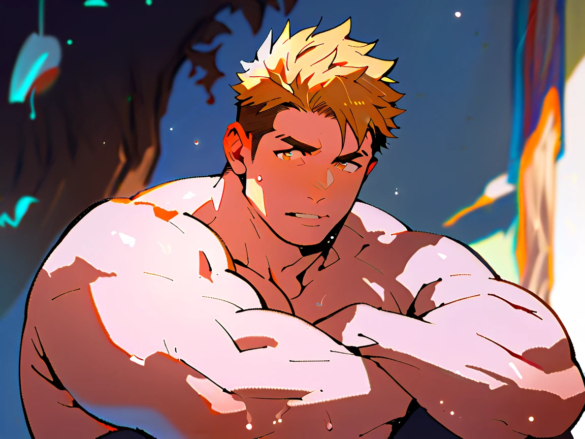 score_9, score_8_up, score_7_up, score_6_up, boy, blonde hair, bangs, one eye closed, yawning, shirtless, black shorts, cool, front, muscular, looking at viewer, simple white background, dynamic pose, concept art, RinotunaYei,