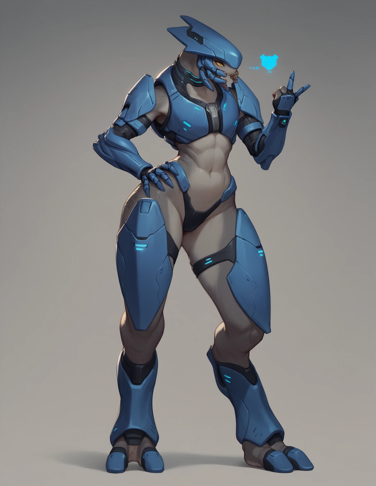 Dark fantatsy,black metal body,big breasts,robot joints,neon trims,back armor,(glowing purplish-blue trim),eyeless robot,no eyes,wide mouth,sharp teeth,only mouth,tongue out,very long tongue,cybernetic body,muslces,abs,look at viewer,mechanical,wet,garter belt,bottomless,mechanical mouth,