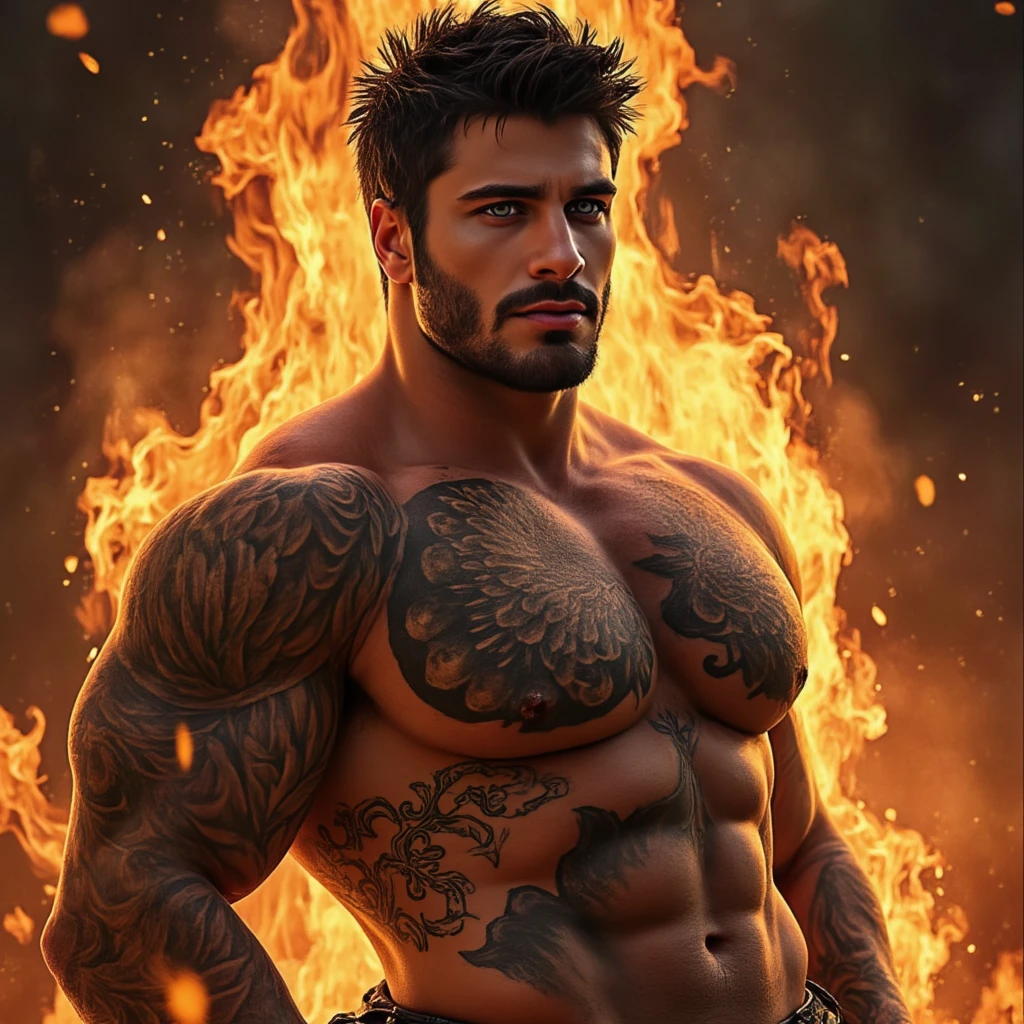 A handsome muscular man, solo, extremely perfect facial features, (face: Matthew Daddario), gorgeous, beautiful, wet, perfect eyes, sexy gaze, looking at the viewers romantically, perfect bare body, smooth skin, wide chest, largest breast, extremely large pectorals, big nipples, wearing a brief, (bulge: 1.2), on a volcanic field, lava flowing all around, in a sexy posture, moaning with pleasure, pitch dark sky, night time, a hot glow in his skin, tanned skin,