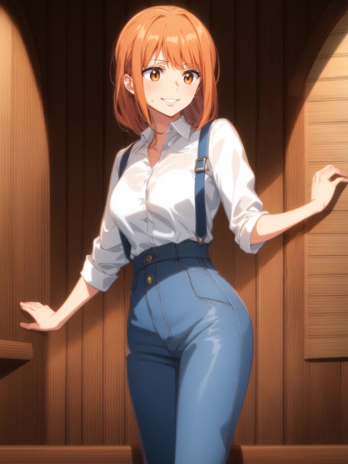 masterpiece, best quality, highres, hi1, orange hair,  Orange eyes, large breasts, hair bow, skirt, pants, white shirt, cowboy shot, smile, waving, open mouth,moe, milf
