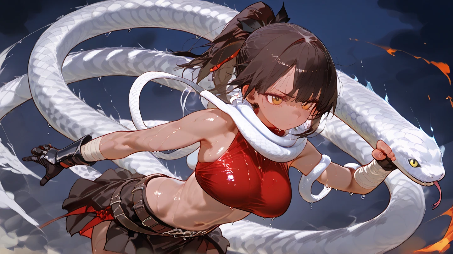 (Countless tentacles restrain a female ninja),((masterpiece,Highest quality:1.3,best quality illustration)), 独奏,1woman,(Mature Japan beauties)、black hair,(low ponytail hair style),long hair,blunt bangs,black eyes,gorgeous eyes,((very small head:1.3)),tears,pain,((very long body:1.2)),medium breasts,(tan skin:1.4), (gleaming skin,toned body,slender body, skinny),(Black female ninja costume、No sleeve、Injury:1.5、Black mini skirt),kneeling,Collapsed Buildingoonlit Night、Modern Tokyo、