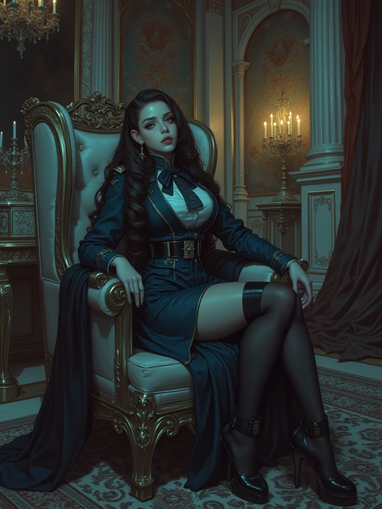 Style: Gothic noir: A vampire hunter working at an innovation company, inspired by Vampire: The Masquerade.
((Subject 1: 35-year-old millennial with short, wavy black hair, green eyes. Fan of Tolkien RPGs. Wears a gothic suit with a lace skirt and converse. Combines digital skills with occult knowledge.))
Scene: Modern office after work with hunting equipment on the desk. Noir blue-violet lighting. Technology meets occult elements. Sensual yet determined expressions. Cinematic framing with the aesthetics of the RPG World of Darkness.