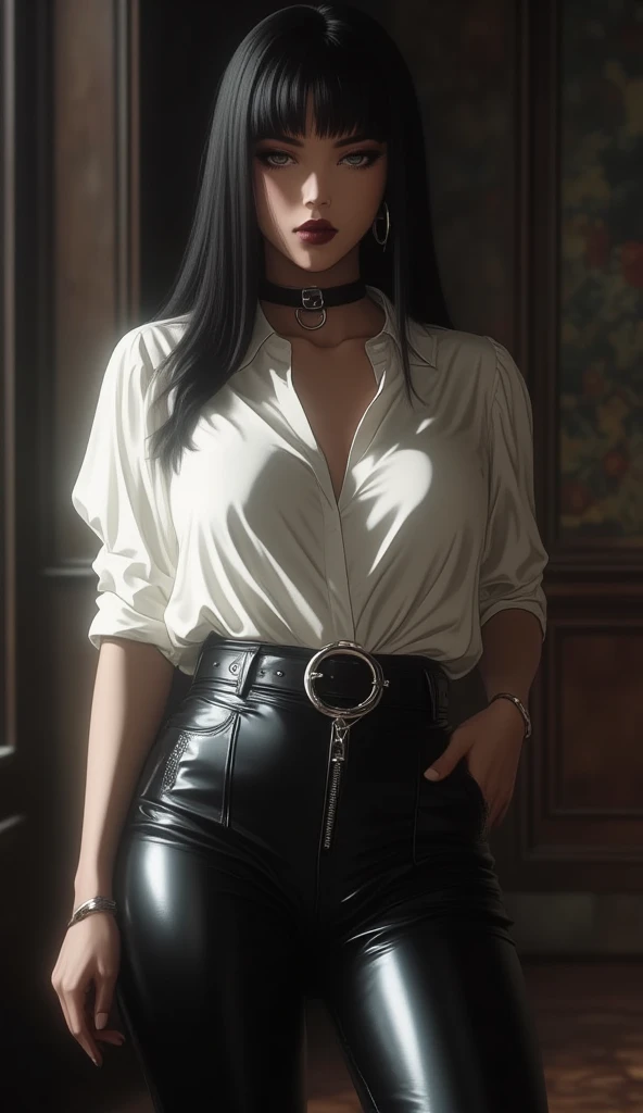 A beautiful woman with long shiny black hair, choppy bangs, a delicate face, a cold proud gaze, a fit figure, a fantasy-style high-necked leather breastplate top, sleeveless, exposes her waist, a bracelet adorns her wrist, tight-fitting leather pants, her right hand holds a Katana with a blue scabbard, she lounges casually sitting on a sofa, this character embodies a finely crafted fantasy-style bounty hunter in anime style, exquisite and mature manga art style, (Alexandra Daddario:1.2), high definition, best quality, highres, ultra-detailed, ultra-fine painting, extremely delicate, professional, anatomically correct, symmetrical face, extremely detailed eyes and face, high quality eyes, creativity, RAW photo, UHD, 32k, Natural light, cinematic lighting, masterpiece-anatomy-perfect, masterpiece:1.5