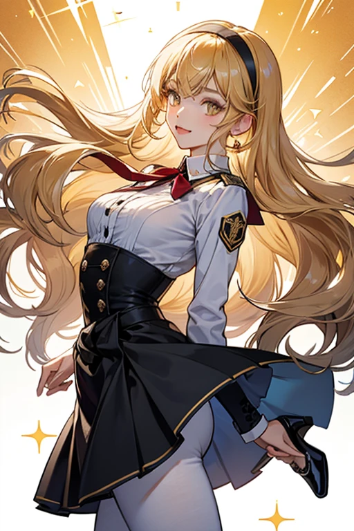 Young, blonde haired girl, medium breasts, black and gold suit and tie, at dance, smiling, smile