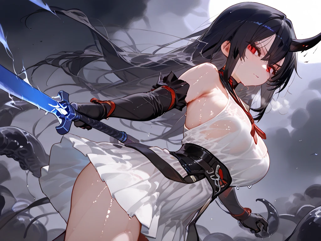 kneeling,exhausted,injured,young Anime girl holding sword katana white dress holding a sword, anime, short black hair with neon blue highlights, hair is above shoulder height smooth beautiful
