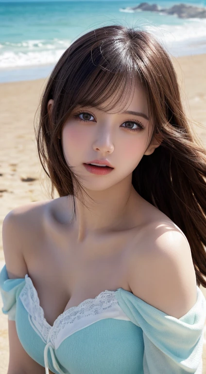highest quality。８K-Picture。High resolution。The background is the vast ocean。with a girl。long wavy hair。color is pink。Flawlessスタイルの美しい女性。Very delicately drawn face and skin texture。((big breasts：1.4))。thin abs。slender sister。Detailed depiction of the whole body。cute eyes。double eyelid。Flawless！Shot in colorful bikini。blue eyes。