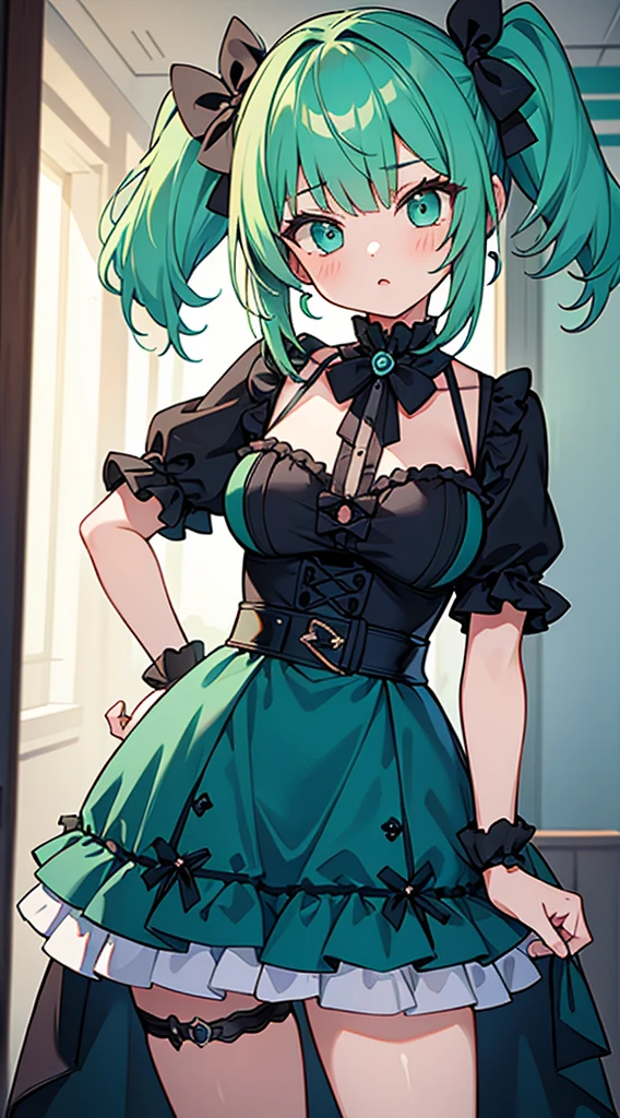 gloomy Vigilance weak childish Small breasts Bust A cup green_and_black_hair two_color_hair Belt on torso ribbon Frills Black Costume Gothic Girl Japanese anime hand drawn illustration