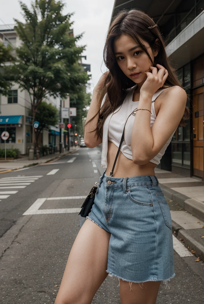 [((young attractive Asian woman:1.5)), ((Sophie Tan:1.4)), standing in a narrow, grimy alleyway of a Southeast Asian slum, with her back to the camera. She is wearing ((a mini skirt that has blown up, exposing her buttocks:1.2)), paired with a ripped crop top. Her hair is styled in messy waves, and she has a seductive, intense gaze looking over her shoulder. The background features rundown shacks, hanging laundry, and scattered debris. Captured in a candid moment, the camera is positioned at a low angle to emphasize her blown-up mini skirt and exposed buttocks. The image is shot with a ((full-frame DSLR:1.2)) using a ((35mm prime lens:1.2)) for a natural perspective with a slight background blur to keep the focus on the woman. Post-production enhances the contrast and sharpness to highlight her outfit and features, and a ((soft bokeh effect:1.1)) in the background to create depth. The image should be in ((8K resolution:1.1)) with ((hyper-realistic detail:1.3)). The backdrop showcases the poverty-stricken alleyway with detailed textures of rundown buildings and debris, emphasizing the harsh environment. The focus is on the woman's blown-up mini skirt exposing her buttocks, capturing a seductive and intense vibe. Natural daylight is used with slight enhancements to create a gritty atmosphere, with a ((soft bokeh effect:1.1)) on the background, enhanced vibrancy, and high contrast to make the scene pop. She is standing with one hand on her hip, looking seductively over her shoulder, exuding confidence and allure, embodying street chic.]