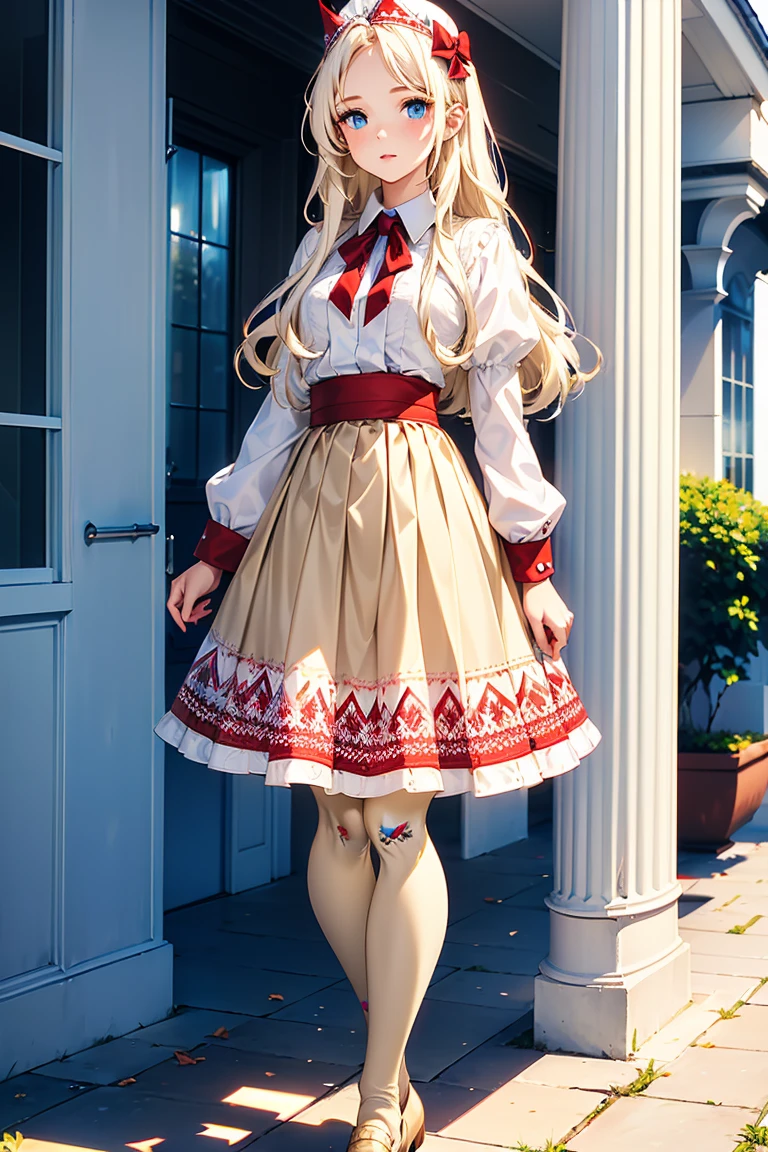 Russian, Girls children , Portrait , Long blonde hair and bow，Layered skirt，noble，opulent，cropped shoulders