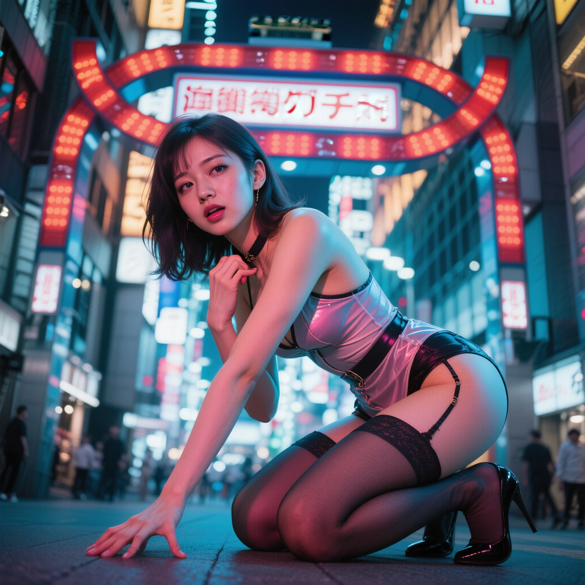 Little Woman of the Japan、squatting with open legs、Angle from below、In the street、Purple transparent bra、garter stocking、Straight face、The background is Shinjuku、among the women passing by、MCharacter opening leg、high-level image quality、realisitic、short-hair、dual、Sharp facial features、abdominals、See-through underwear、Hands Banzai、