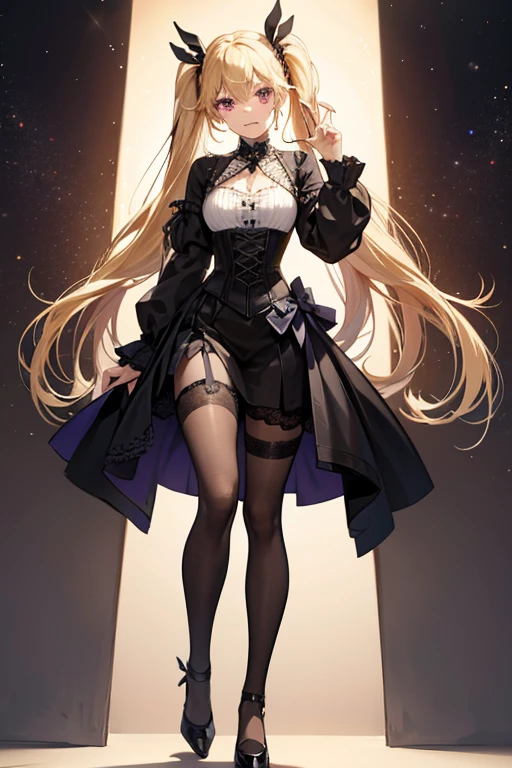 (blond hair, blonde hair:1.1, eye-catching shiny satin skirt, black stockings that accentuate the legs, elegant high heels:1.1, seductive venomous gaze), 3D two-dimensional illustration with a realistic touch, featuring a beautiful woman with long flowing blond hair (blonde hair:1.1) cascading down her back. She gracefully dons an eye-catching shiny satin skirt, its vibrant color reflecting her confidence and allure. The skirt flows elegantly as she moves, adding a touch of dynamic movement to the scene. Her slender legs are adorned with black stockings that accentuate their length and smoothness. The stockings hug her curves, emphasizing her feminine charm. Completing her fashionable ensemble are a pair of elegant high heels (elegant high heels:1.1) that elevate her poise and stature.
Focused and intense, her gaze possesses a venomous allure, drawing viewers into her world of captivating beauty. Her eyes, shimmering with intricate details and depth, become the focal point of the artwork (beautiful detailed eyes). The meticulous rendering of her lips (beautiful detailed lips) adds to the realism of the composition, showcasing the artist's attention to every small feature.
This artwork, presented in a 3D two-dimensional style (3D two-dimensional) with a rich color palette, exhibits a striking balance between realism and artistic interpretation. The meticulous attention to detail (extremely detailed eyes and face) creates a lifelike portrayal, bringing the character to life on the digital canvas. The artist skillfully utilizes effects such as bokeh and HDR (bokeh, HDR) to enhance the visual impact and create a visually stunning image.
With its ultra-detailed rendering (ultra-detailed), this masterpiece (best quality, highres, masterpiece:1.2) aims to captivate viewers with its photorealistic (realistic:1.37) portrayal. The use of studio lighting techniques (studio lighting) accentuates the texture and intricacies of the subject. Additionally, the artist's adeptness in creating vivid colors (vivid colors) further enriches the visual experience, adding depth and vibrancy to the artwork.
Overall, this artwork showcases the beauty and allure of a blonde woman, dressed in an eye-catching skirt and stockings, complemented by elegant high heels. Through a stunning combination of 3D two-dimensional illustration and realistic rendering, this piece invites viewers to delve into a world where beauty meets art (beautiful beauty).
