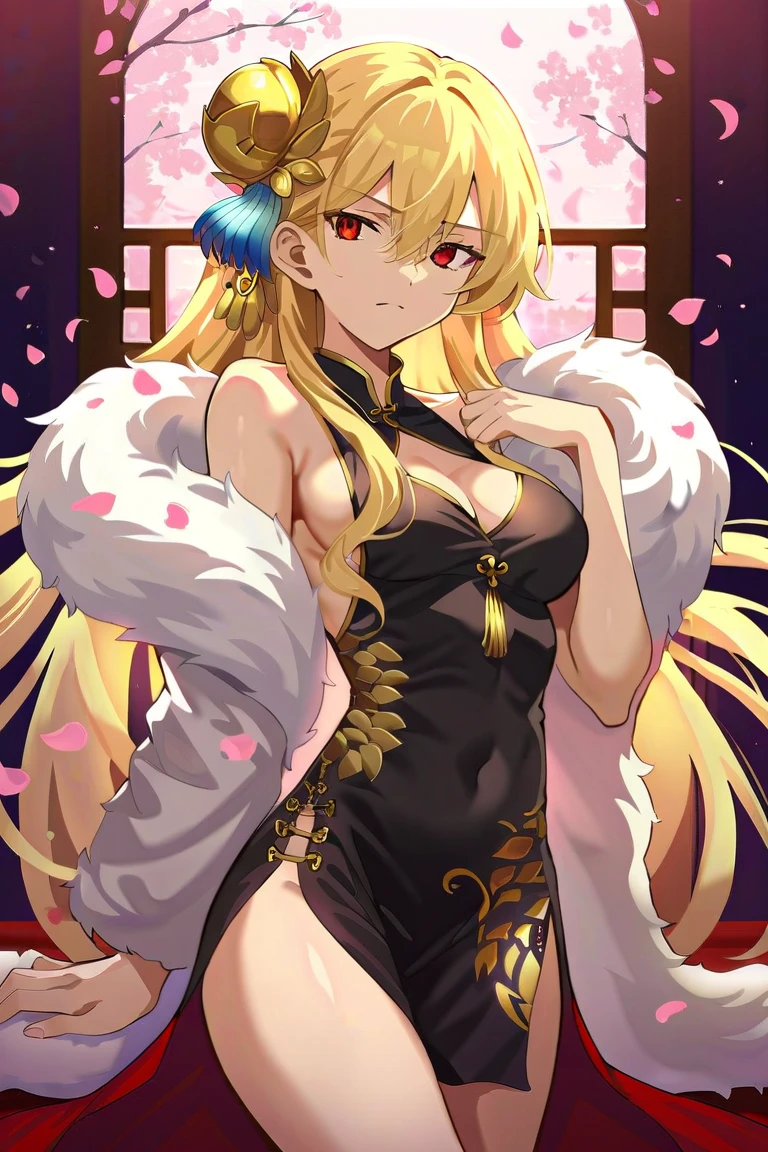 (masterpiece, best quality), best quality, (ultra-detailed), (3heads:1.5), 1girl, (junko (touhou):1.3), masterpiece, top best quality, ultra quality, ultra resolution, ultra detail, black top, crop top, ((stomach)), midriff, ((groin)), red and black skirt, normal ears, shackles, blonde hair, very long hair, wavy hair, sidelocks, red eyes, parted lips, blonde, sweat, cute, toned belly, hand on own chest, eyelashes, (25 year old woman:1.3), (masterpiece:1.5), (best quality:1.5), (beautiful detailed), extremely detailed CG, extremely delicate and beautiful, depth of field, (finely detailed face), (perfect details:1.3), (mature female:1.3), wide pelvis, slender, large veiny breast, 16k resolution, highres, very high quality, very high definition, extremely detailed, masterpiece, blonde hair, long hair, alluring presence, braid, short skirt, close up, big tits, young, chinese clothes, hair ornament, chinese headdress, adult woman, blonde woman, milf, same hair color, 
