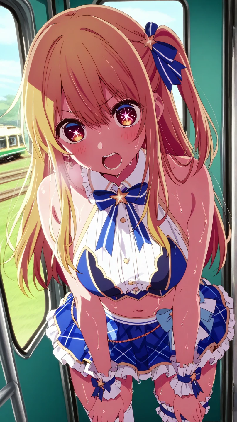 Kei karuizawa　NSFW, ((masterpiece)), ((highest quality)), (Super detailed), ((cute)), cute, (Lovely), ((sexy)), (device), ((very detailed)), 4k, (8K), highest quality, (beautiful), anime style, dynamic angle,  whole body concentration, bus, a cute girl, 1 girl, alone, emerald underwear, beautiful 金髪, beautiful  パープルeyes, ((beautiful eyes)), long hair,shirt, hair ornaments, ponytail, Scrunchie, blue Scrunchie Fカップの胸, embarrassing, blush, Ahegao, shiny, shine