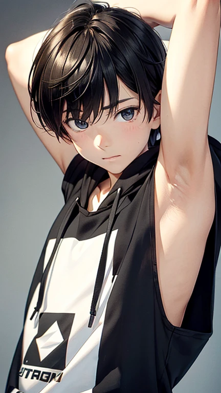 Highres, Masterpiece, Best quality at best,Best Quality,hight quality, hight detailed, Anime style, age 12, 1boy, Boy, Shota, Solo person, young boy, upper body, slim body, Sleeveless shirt, bare shoulder, grey background, (Showing armpit:1.3), Give me a picture of the armpit of a young boy, the armpit looks clean and smells good, the armpit is very beautiful, the boy is teasing using his armpit, shine closer to the armpit, Cute armpit, Sexy armpit, seductive armpits, Such a cute smooth armpit, The armpits of a 12 year old boy, Adorable little armpits, Give me a proportional picture of a 12 year old boy's armpits, (very young boy), (Very small and short body), uhd, bokeh