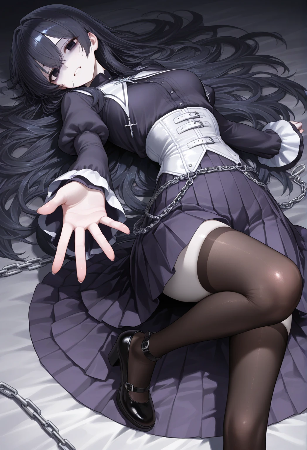 Black stocking beauty,a matural female,Blue translucent miniskirt,cabelos preto e longos,fearful expression,Tears in the eyes