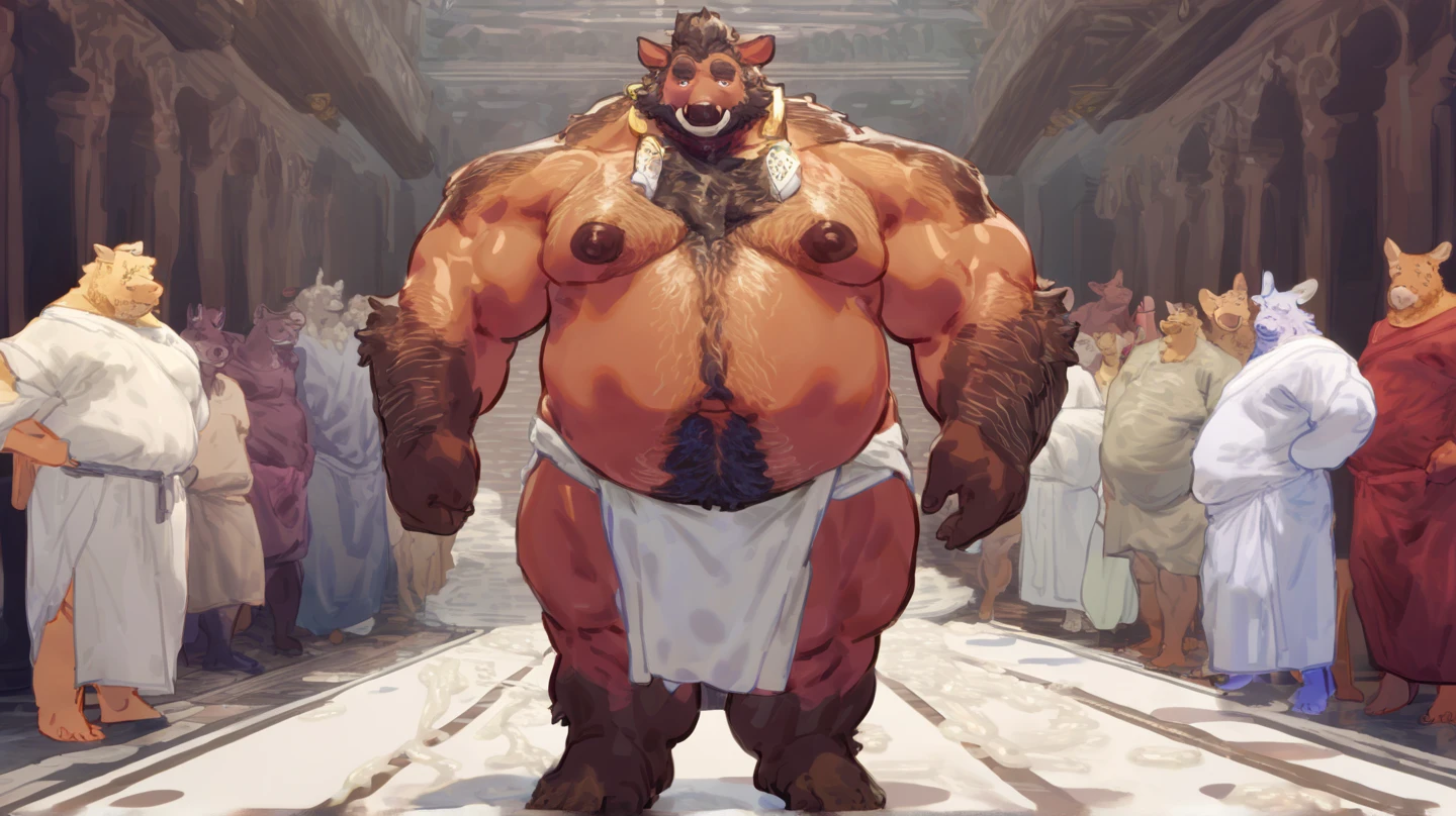 uploaded to e621.net, masterpiece, 8k, hyena, male, gray hair, soft figure, heavy, chubby, muscular, barbarian outfit, laughing, brown leather outfit, beige fur, spots, (bare paws:1.2), digitigrade, standing, looking down, (huge penis:1.2), (thick penis:1.6), (huge testicles:1.3), (flaccid:1.4), detailed penis, primitive village, tiny village, (giant:1.5), (macro:1.4), (crowded:1.3), (figures in background:1.5), longhouse, by darkgem, by bng, by duase, by gideon, by sligarthetiger, by bigdad, by boosterpang,