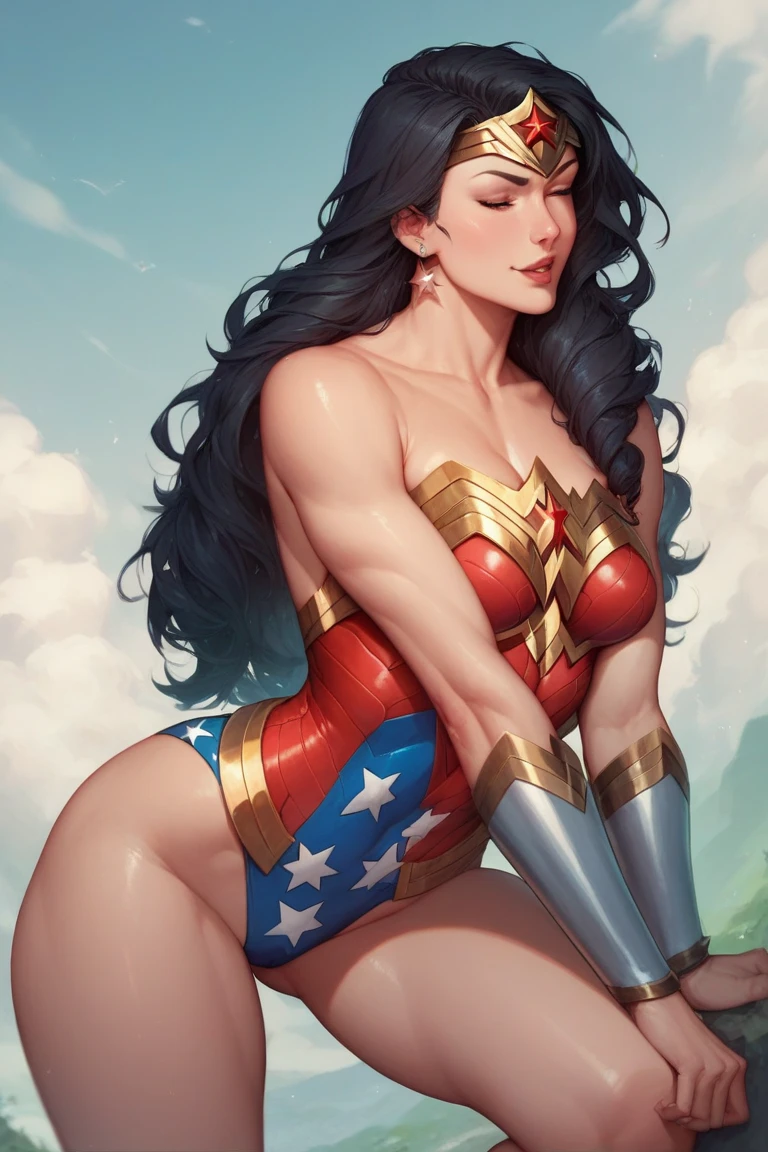 wonder woman, sweaty, transparent blouse, blouse clinging to her body, beads of sweat on her face and chest. Sitting on Hulk's leg