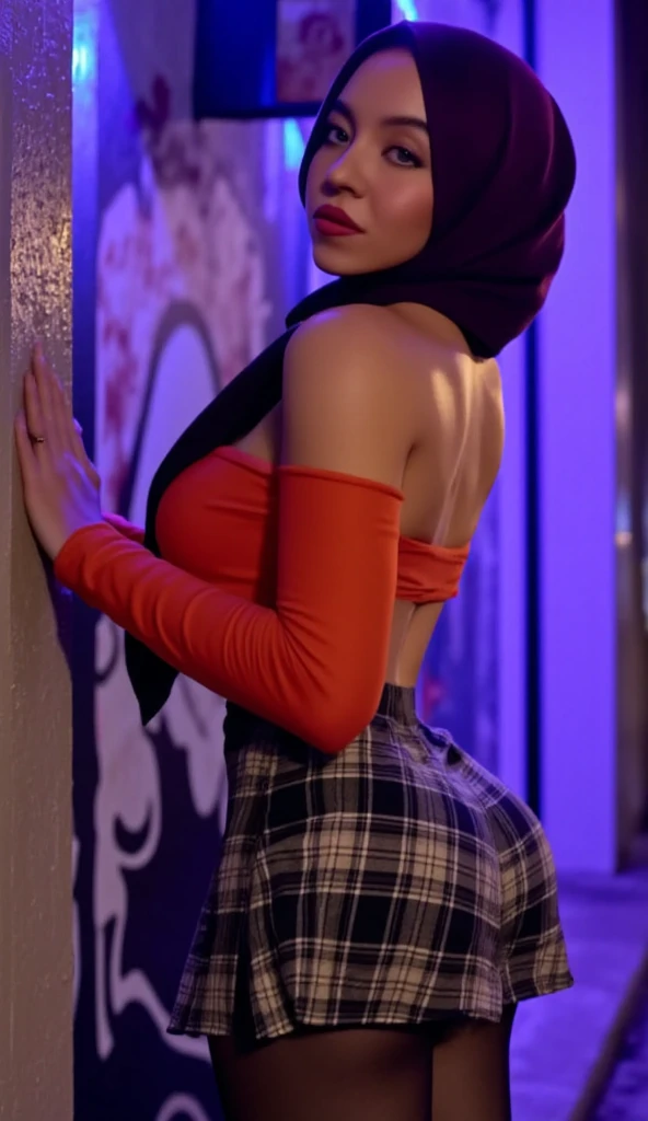 1 malay woman in hijab,((Tight knitted dresses)),(Small buttocks),Emphasize ass,Smaller chest,Clothes are sheer,Smiling smile, (hijab flying), de pele branca,big breasts thin waist,Japanese-style street, Hyper-Realism, Cinematic lighting, depth of fields, From below, vanishing point, F/2.8, Anatomically correct, Textured skin, Super Detail, awardwinning, Best Quality, hight resolution,