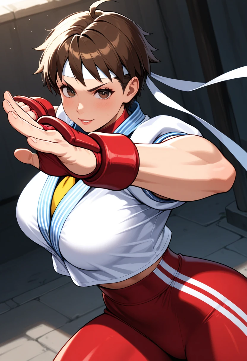 1girl, a pretty girl in a karate practice room, with a karate uniform, judo, blalisa, yellow hairpin, orange eyes, orange hair, short twintails,  masterpiece, Gym, fit, muscular body, big tits, huge breasts, cleavage, full body, barefoot, red eyes, Combat Pose, from Above, martial art, stunning body 
