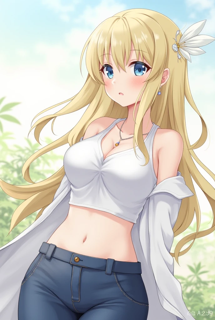 Make a blonde anime woman having sex in a flower field and putting a huge penis in her vagina, and she has to be completely naked, huge breasts and a naughty face.