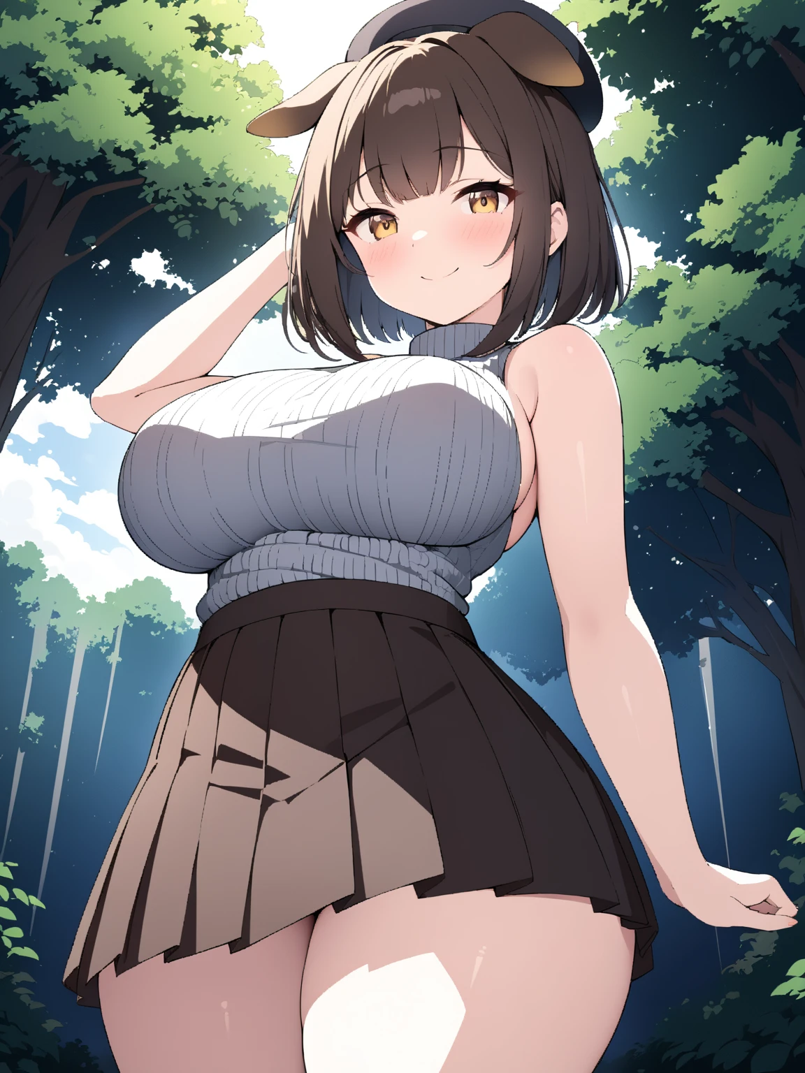 master-piece, bestquality, 1girls,16 years old, View viewers from the side, HD, slight smile, big tits, cleavage, tights cloth, , tiny body, lied, outdoor, mountain,
