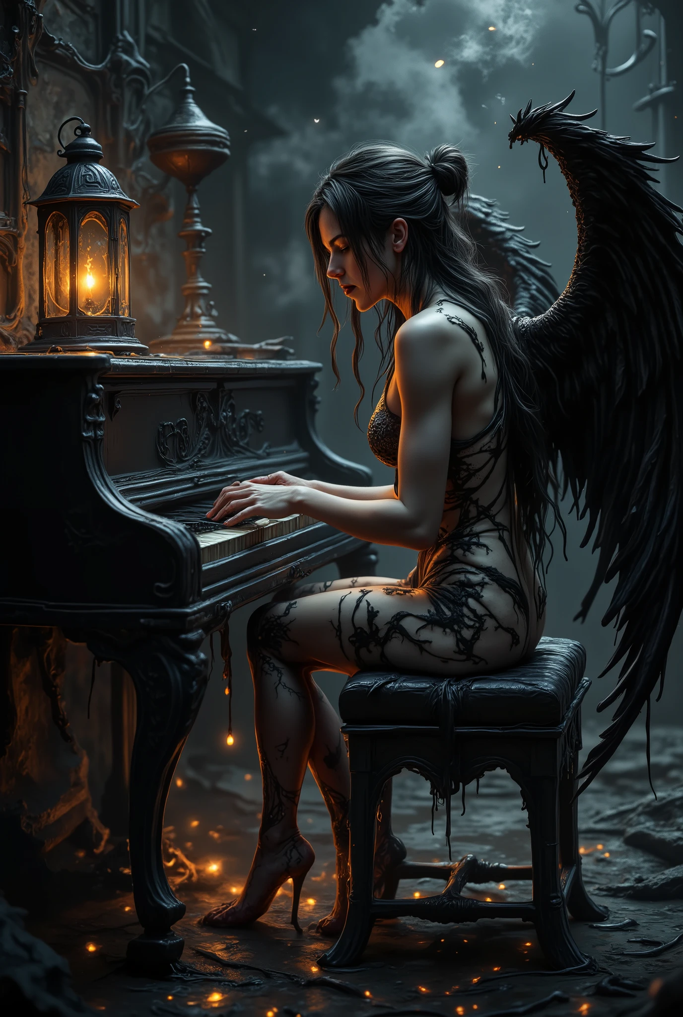 A hauntingly beautiful figure with long, flowing black hair sits before a dark, ornate piano. An old-fashioned candle-lit lantern sits above the piano. Her body is covered in a glowing, ink-like substance that flows and drips, giving her an ethereal and haunting appearance. Ethereal black wings extend from her back, enhancing the otherworldly atmosphere. The background is dimly lit, with soft, flickering flames casting shadows, creating a mystical and melancholic atmosphere. The scene captures a blend of beauty and darkness, evoking feelings of mystery and intrigue.