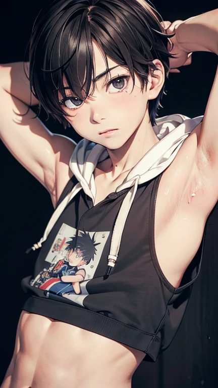 (8K, RAW photos, best quality, masterpiece: 1.4), (((Boy looking at his arm)))，Ultra-high resolution, Extremely detailed, light, closeup of arms, handsome boy, black eyes, (delicate eyes, Eyes are bright:1.2), Gray short hair, Fair skin,dark, Black and white striped prison uniform,Black and white striped prison pants,(perfect anatomy:1.2), High-quality shadows, Natural Lighting, (White highlights:1.2), night, cloudy day, (Dark room:1.2), (White lines on arms:1.2)